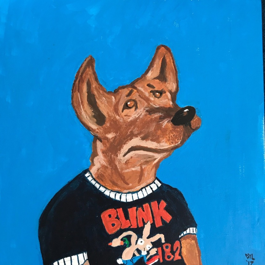 Luna the Pit mix in a Blink 182 shirt, Acrylic on Canvas 12x12
